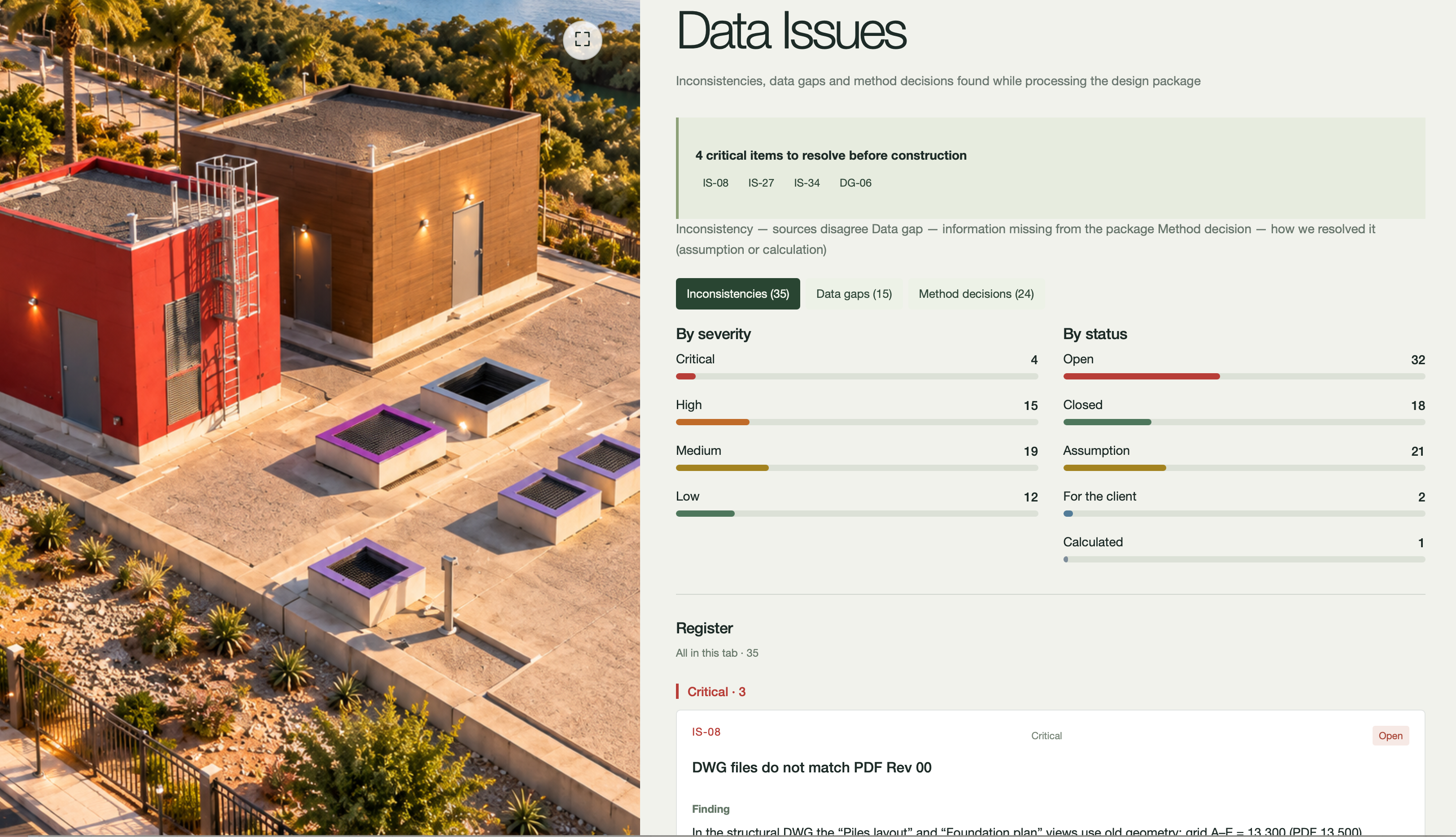Drawing issues register for the pump station project